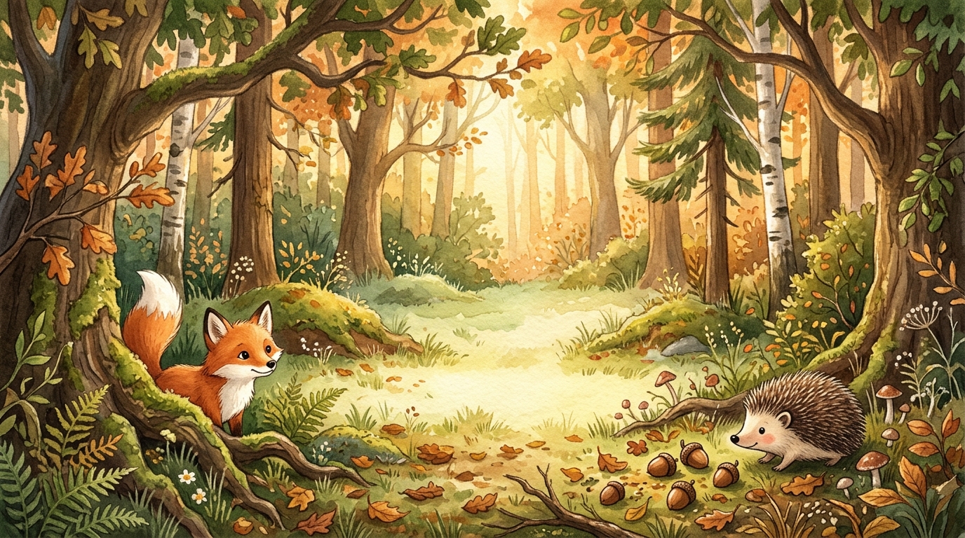 Sunlit mythical woodland clearing with oak trees, brown autumn leaves, a friendly fox, and a sleepy hedgehog